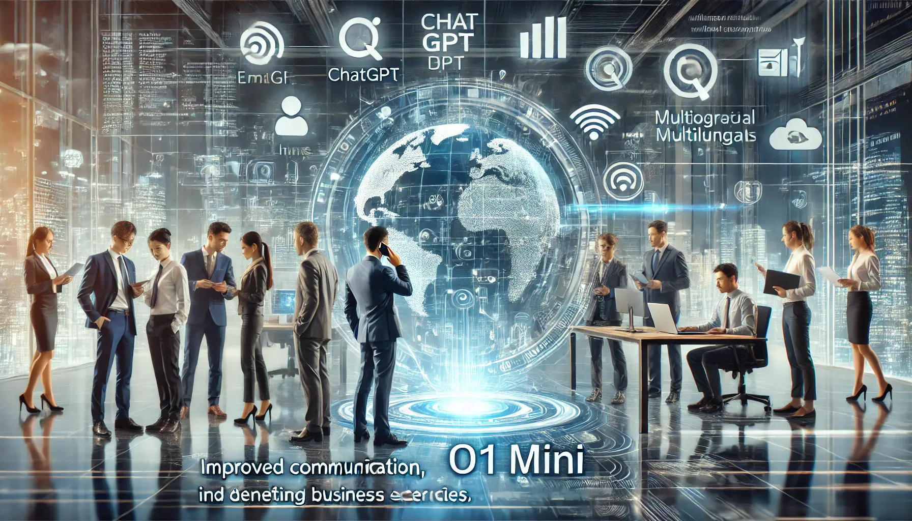 A futuristic digital office environment where business professionals benefit from ChatGPT o1 Mini’s multilingual capabilities, with AI-driven communication streams.