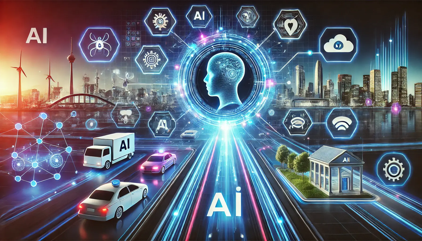 A futuristic AI visualization depicting an advanced system interacting with real-world environments like healthcare, transportation, and smart homes, symbolizing AI's practical benefits.