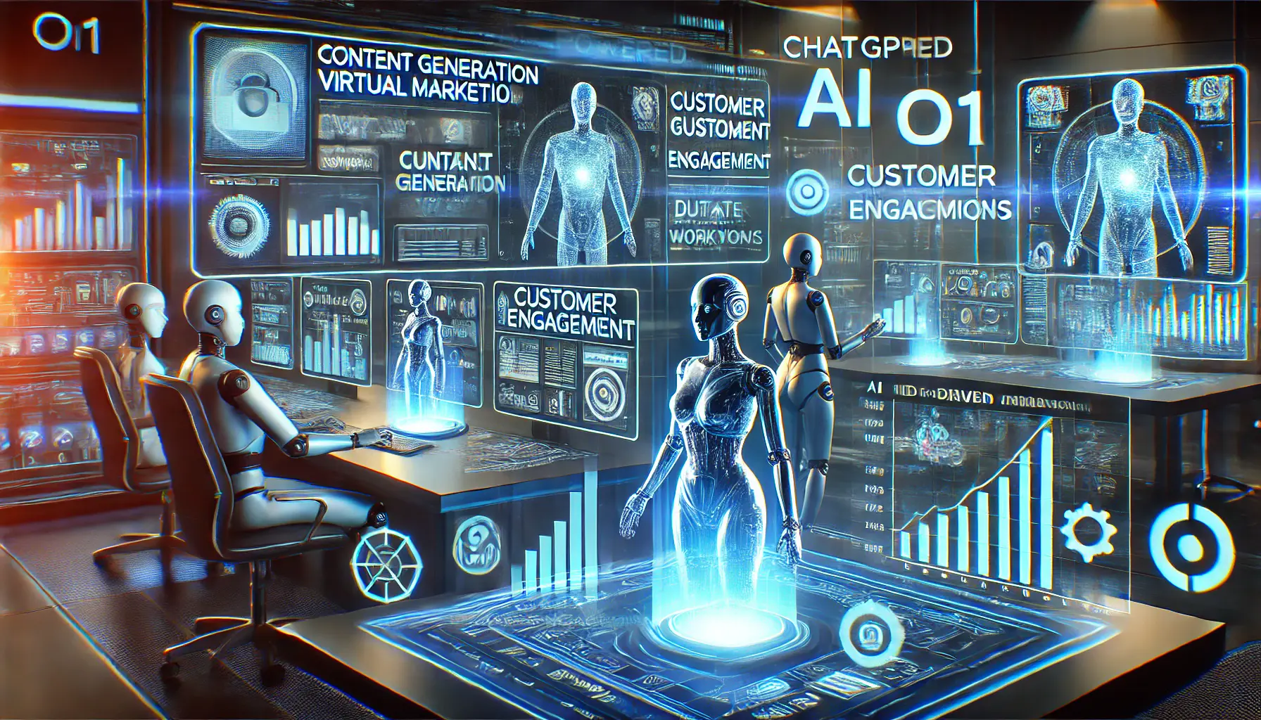 A futuristic AI-powered workspace with holographic interfaces displaying content creation, customer engagement, data analysis, and automated workflows.