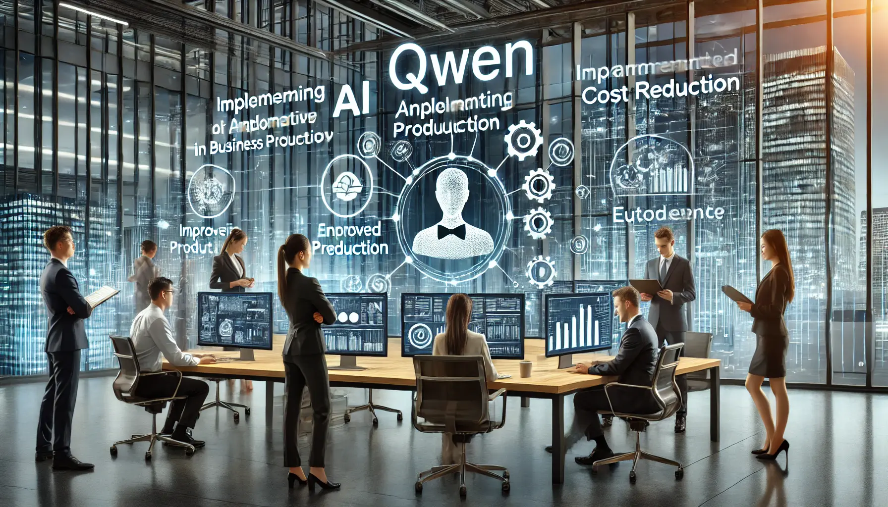 A modern business environment where professionals interact with an AI-powered system optimizing workflow and improving productivity.