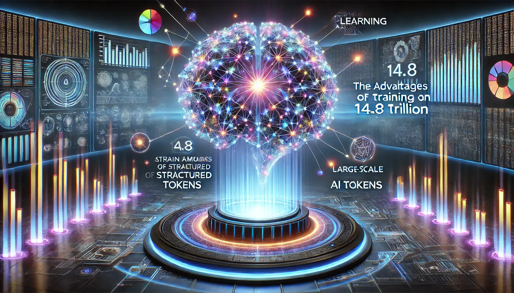 A futuristic AI visualization depicting an advanced neural network absorbing vast amounts of structured data streams, symbolizing deep learning, efficiency, and enhanced problem-solving capabilities.