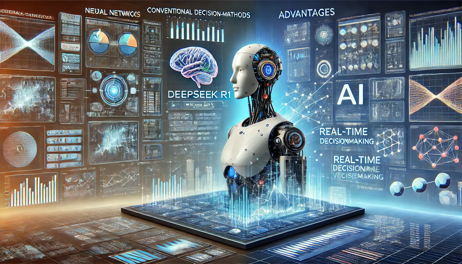 A futuristic AI system showcasing advantages over conventional data analysis methods, with neural networks processing data and traditional methods represented by static algorithms.