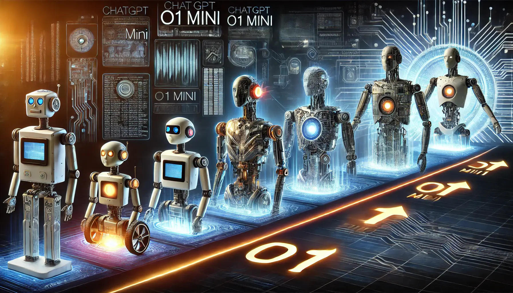 A visual representation showing the advancements of ChatGPT o1 Mini over previous AI generations, with a streamlined, efficient design compared to bulkier older models.