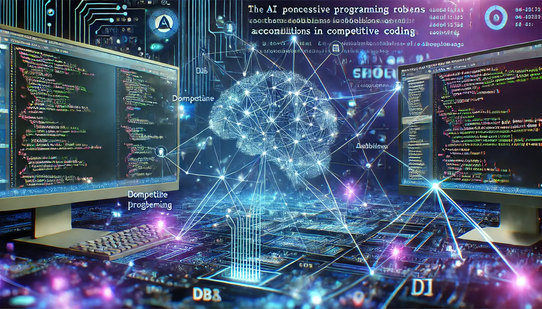 A futuristic visualization of an AI system solving complex programming problems, with interconnected neural networks and glowing data streams.