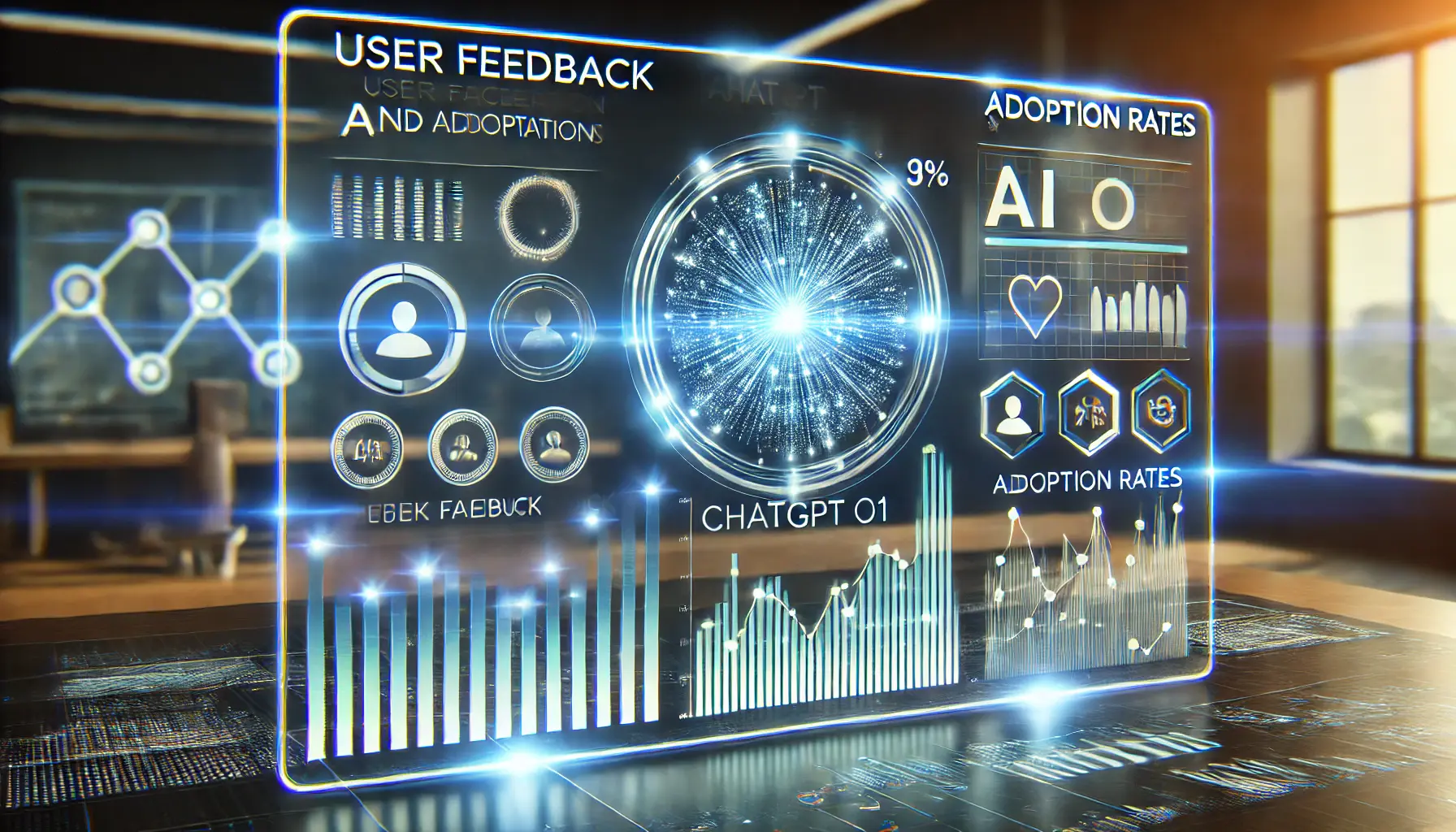 A high-tech interface visualizing user feedback and adoption rates of AI technology with graphs and data points.