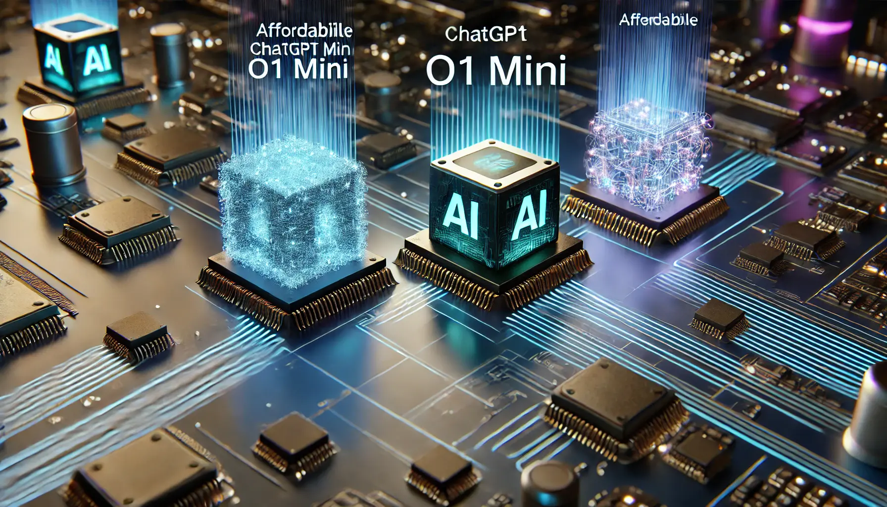 A digital scene comparing the affordability of ChatGPT o1 Mini and its competitors, represented by glowing processors and holographic data streams.