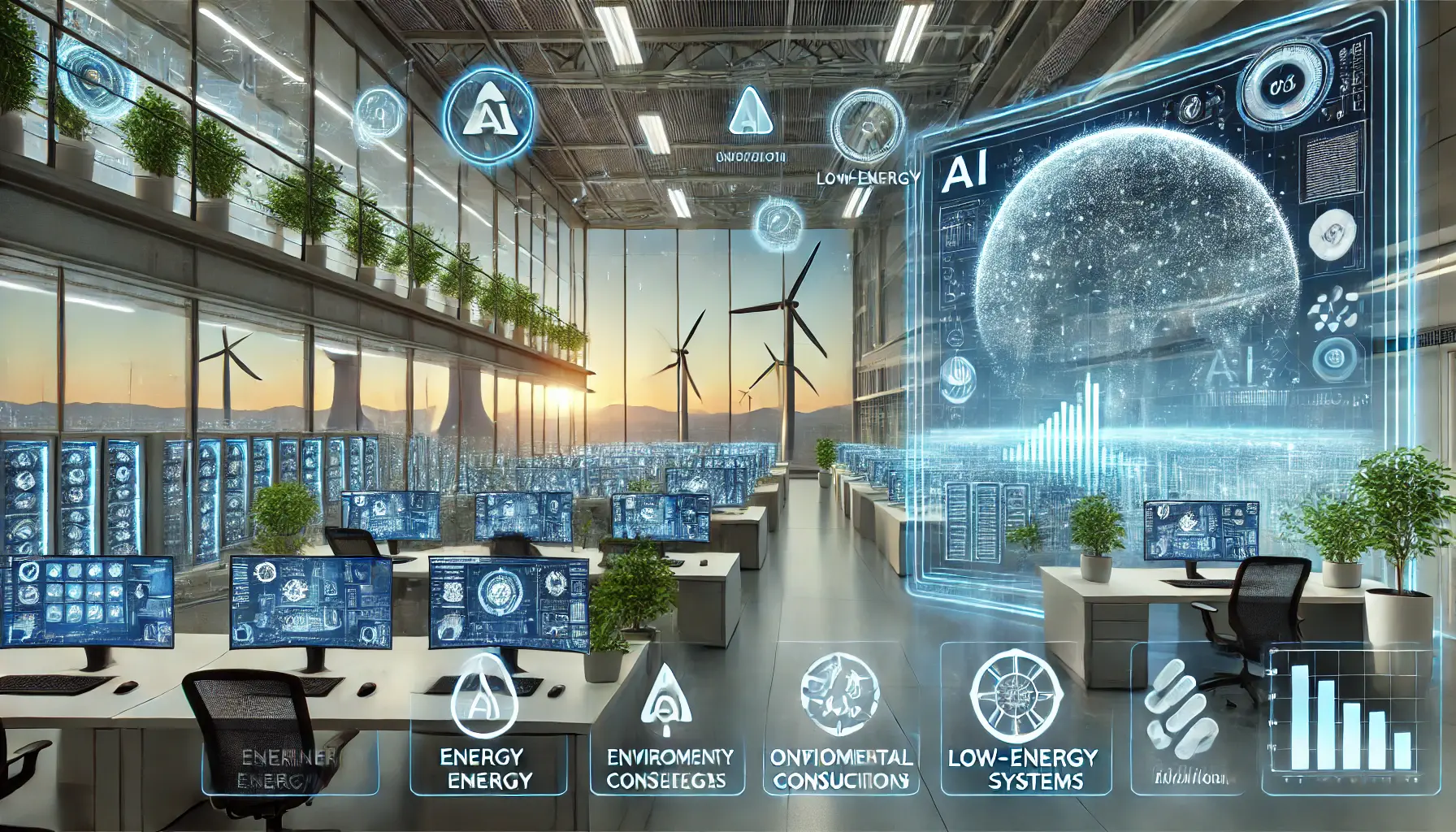 A futuristic office with AI tools running on energy-efficient systems, supported by solar panels and wind turbines for environmental sustainability.