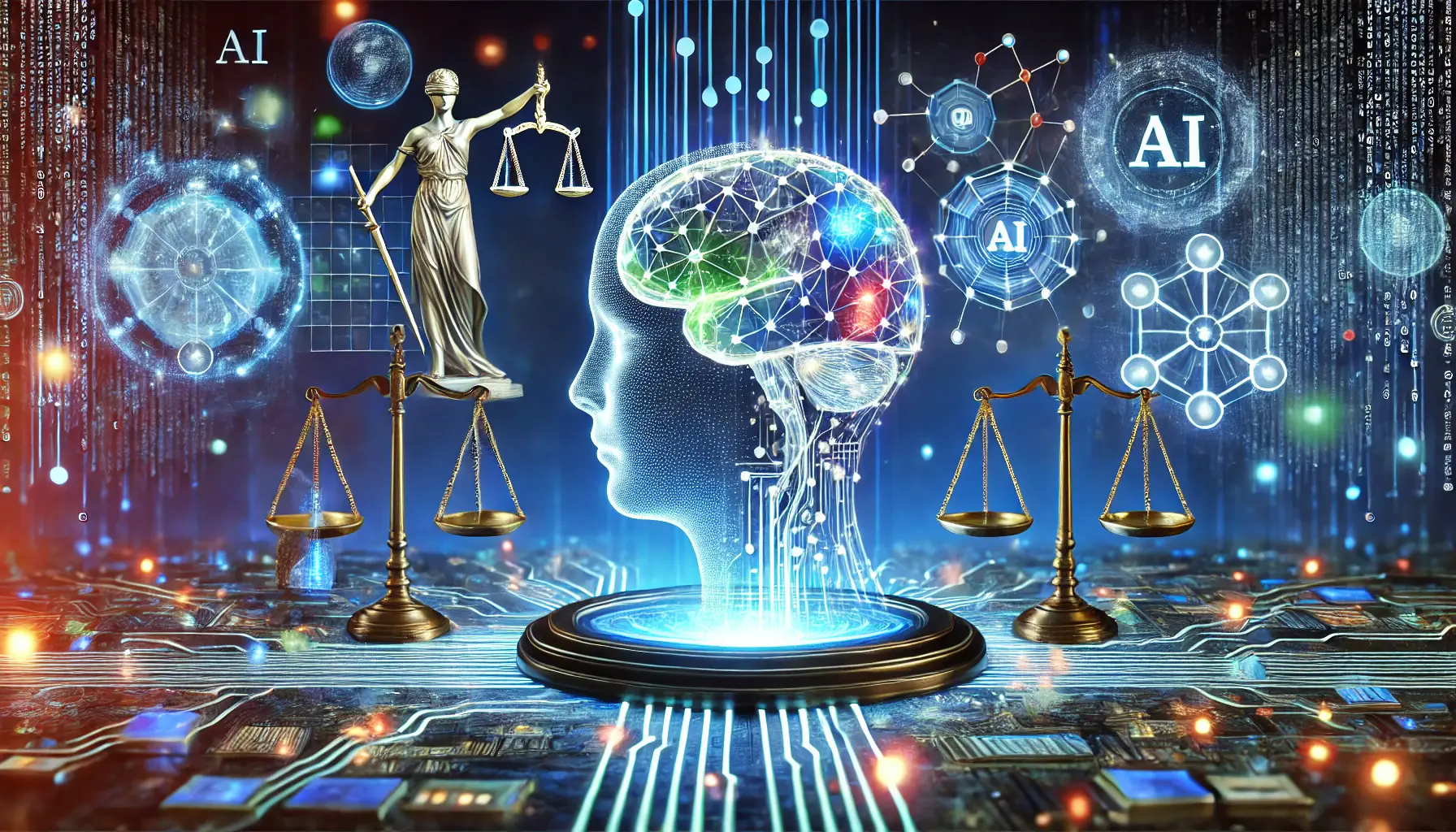 A futuristic AI system with a glowing digital brain surrounded by abstract representations of ethical dilemmas, including holographic scales of justice and interconnected data flows.