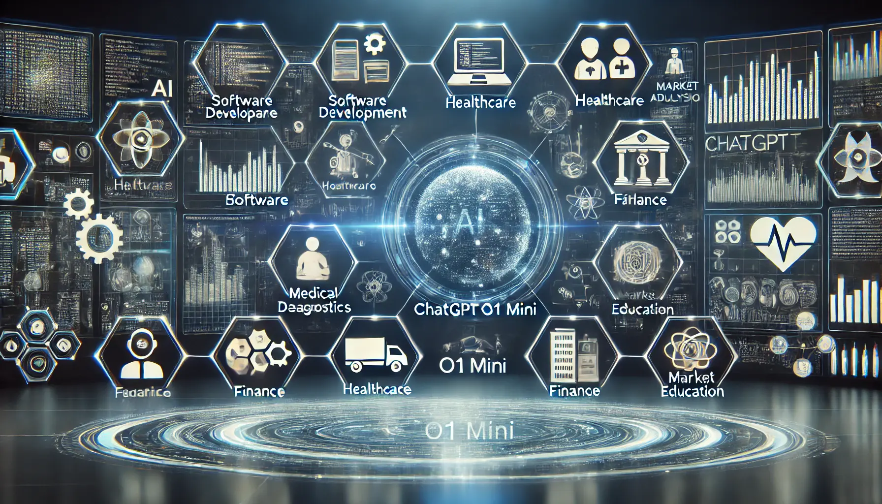 A futuristic AI system displaying various applications of ChatGPT o1 Mini across industries like software, healthcare, finance, and education.