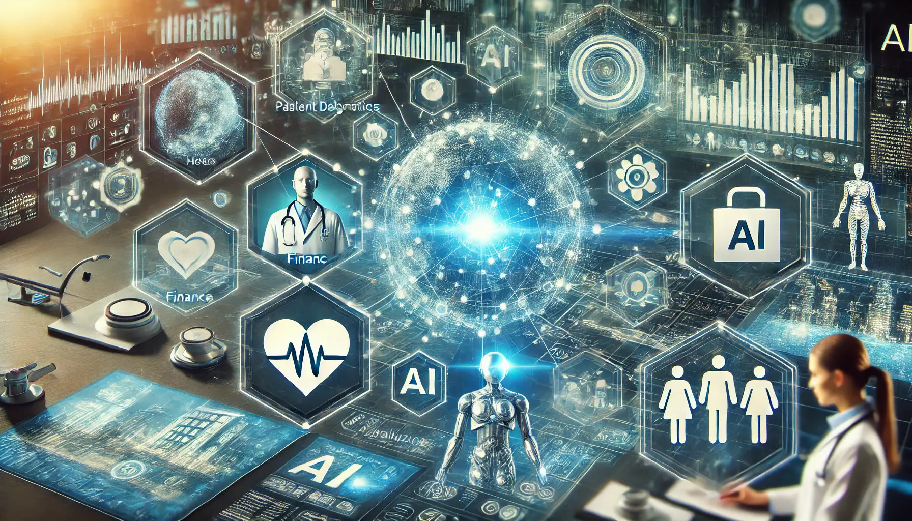 A futuristic visualization of AI in healthcare, finance, and retail, with holographic interfaces displaying AI-driven diagnostics, financial data analysis, and personalized customer experiences.