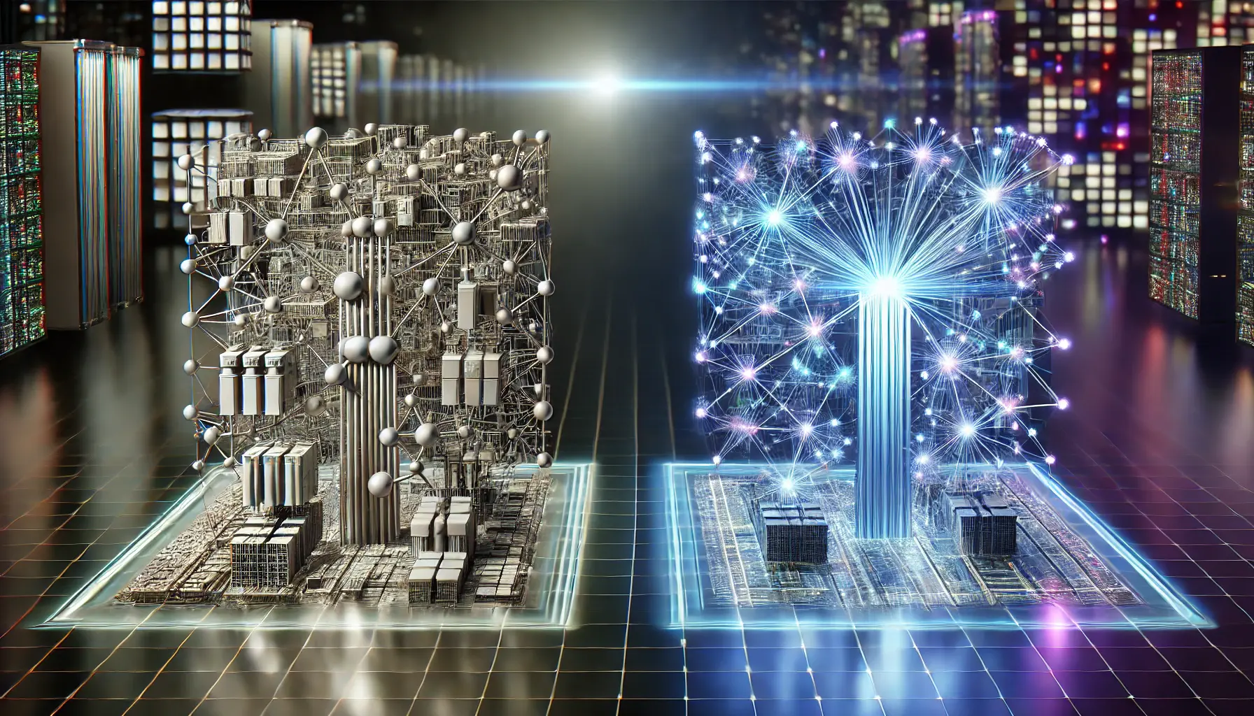 A futuristic representation of architectural differences in AI models, comparing traditional and advanced architectures.