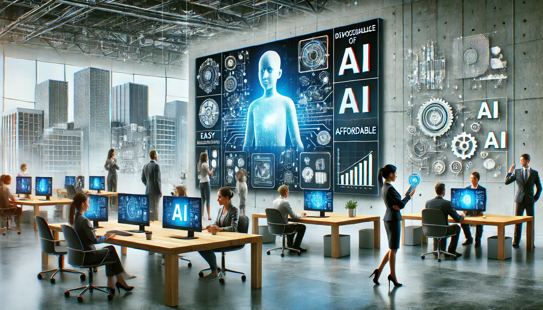 A modern business environment where AI technology is made accessible and affordable to businesses of all sizes.