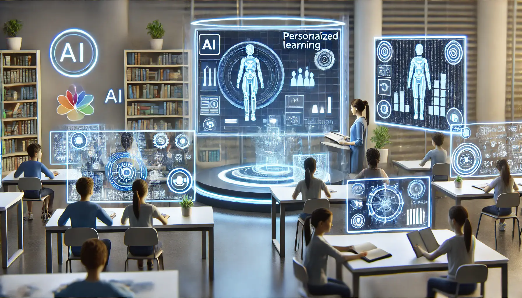 A futuristic classroom where AI systems are assisting both teachers and students in personalized learning.