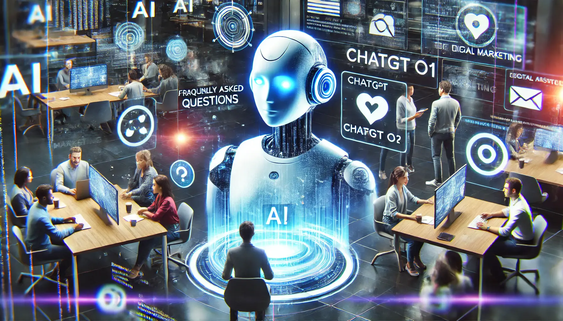 A digital assistant answering frequently asked questions about ChatGPT o1 in digital marketing, displayed on holographic interfaces.