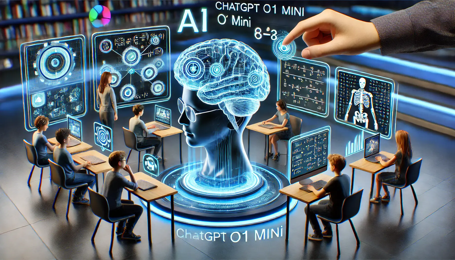 A futuristic learning platform where AI assists students in real-time with interactive lessons, quizzes, and mathematical problems, visualized with holographic screens and virtual tutors.