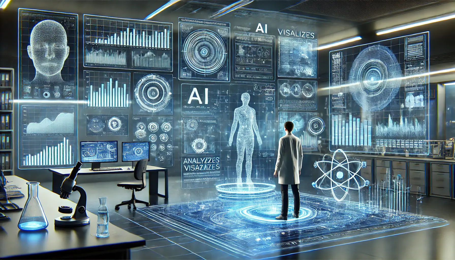 A researcher in a high-tech lab using AI for data analysis, with holographic displays of complex datasets and scientific models.