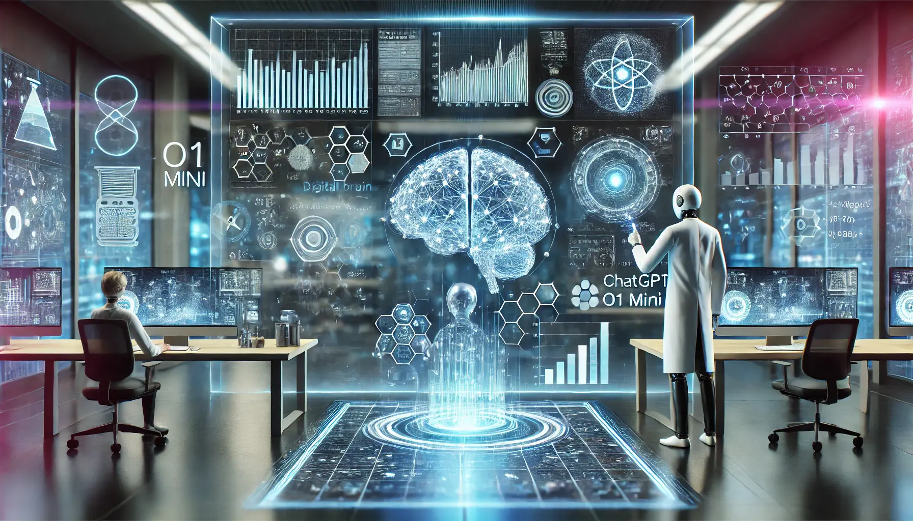 A high-tech scientific research lab where AI assists researchers in analyzing complex data and solving mathematical problems, visualized with holographic screens displaying formulas and graphs.