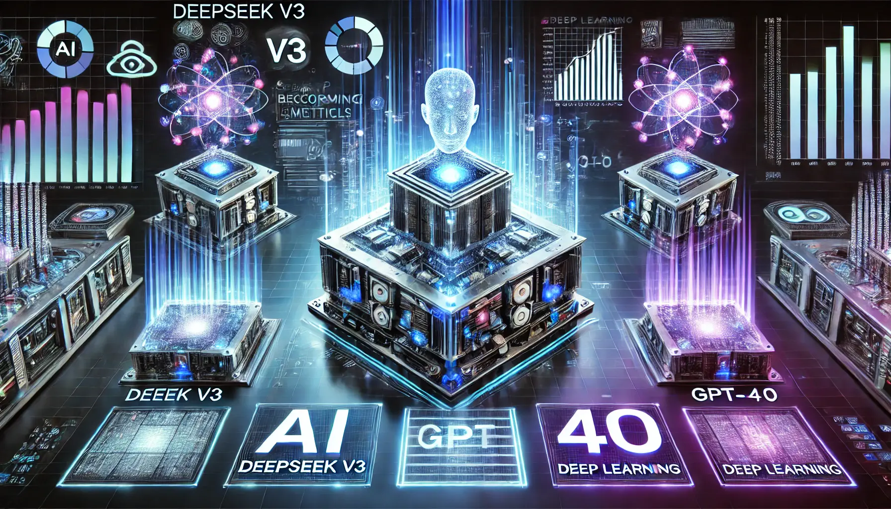 A futuristic visualization of AI benchmark comparison, featuring two high-tech processing units analyzing data with glowing holographic graphs and deep learning nodes.