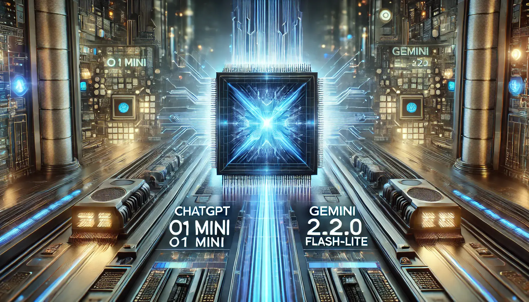 A high-tech digital benchmarking scene comparing ChatGPT o1 Mini and Gemini 2.0 Flash-Lite, highlighting their performance in speed and accuracy.