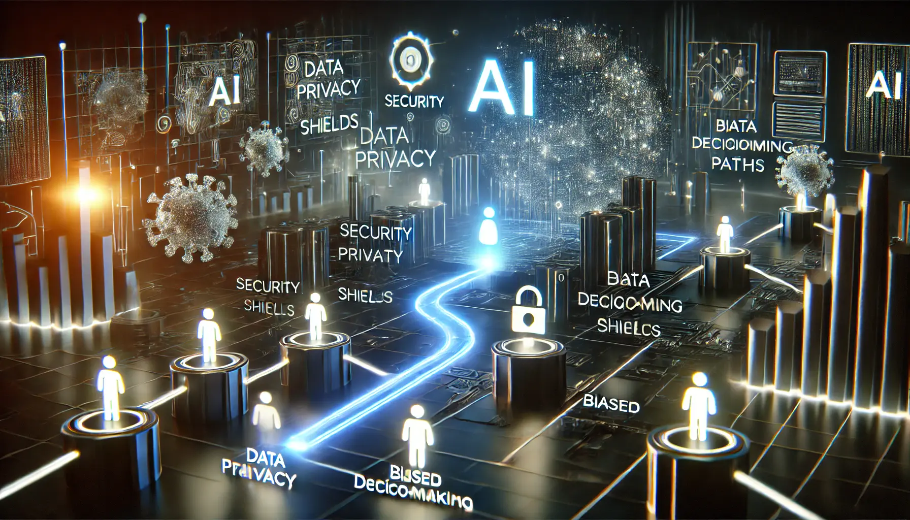 A high-tech visualization of AI navigating obstacles such as security barriers, data privacy shields, and biased decision-making paths.