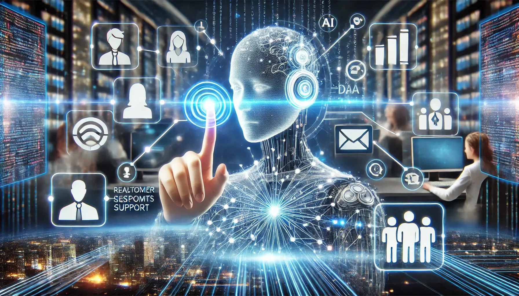 A futuristic AI system represented by a glowing neural network interacting with customers through virtual chat interfaces, with dynamic data flows symbolizing real-time responses.