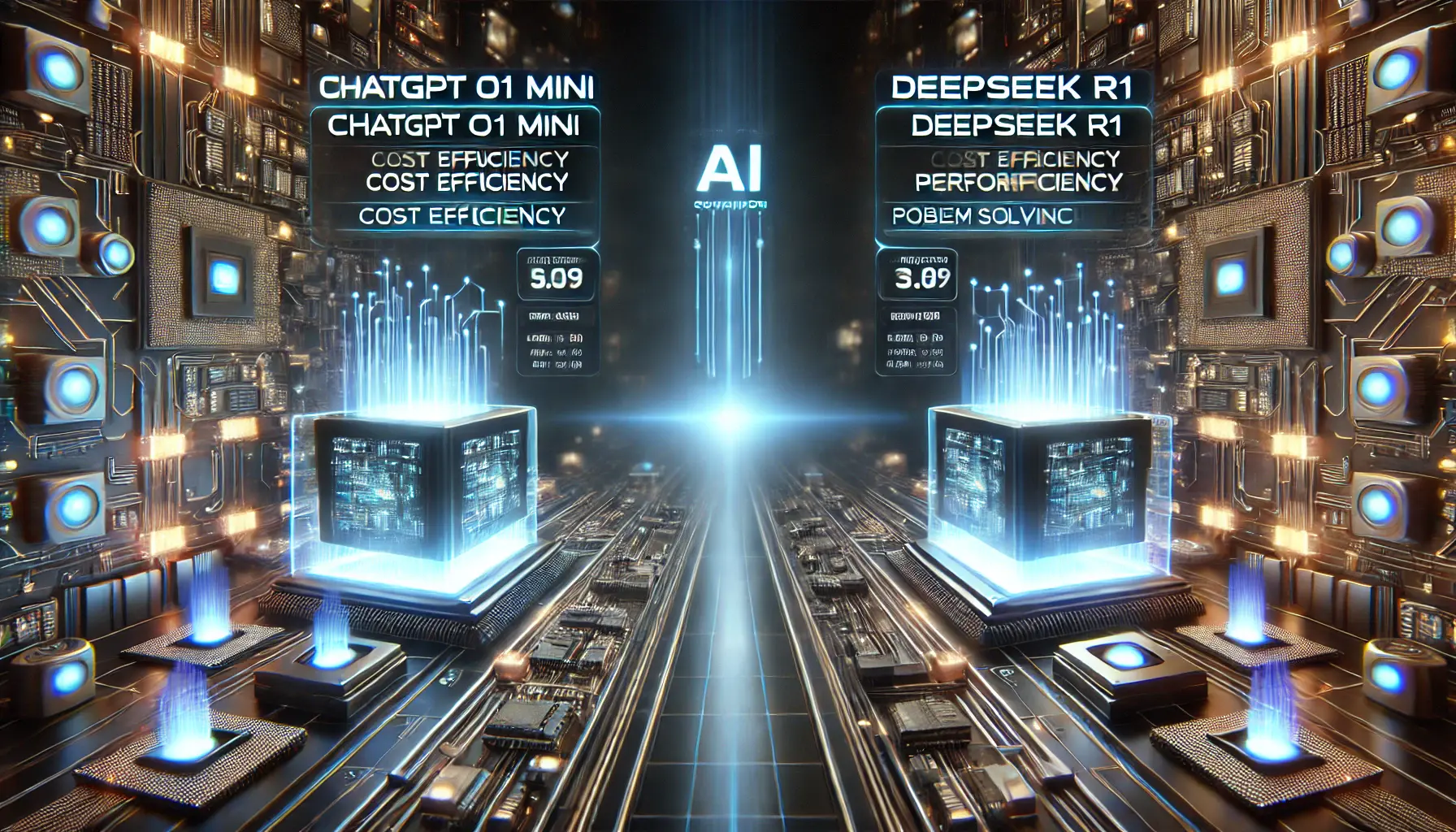 A digital comparison of ChatGPT o1 Mini and DeepSeek R1, showcasing their performance metrics in terms of cost efficiency and problem-solving capabilities.