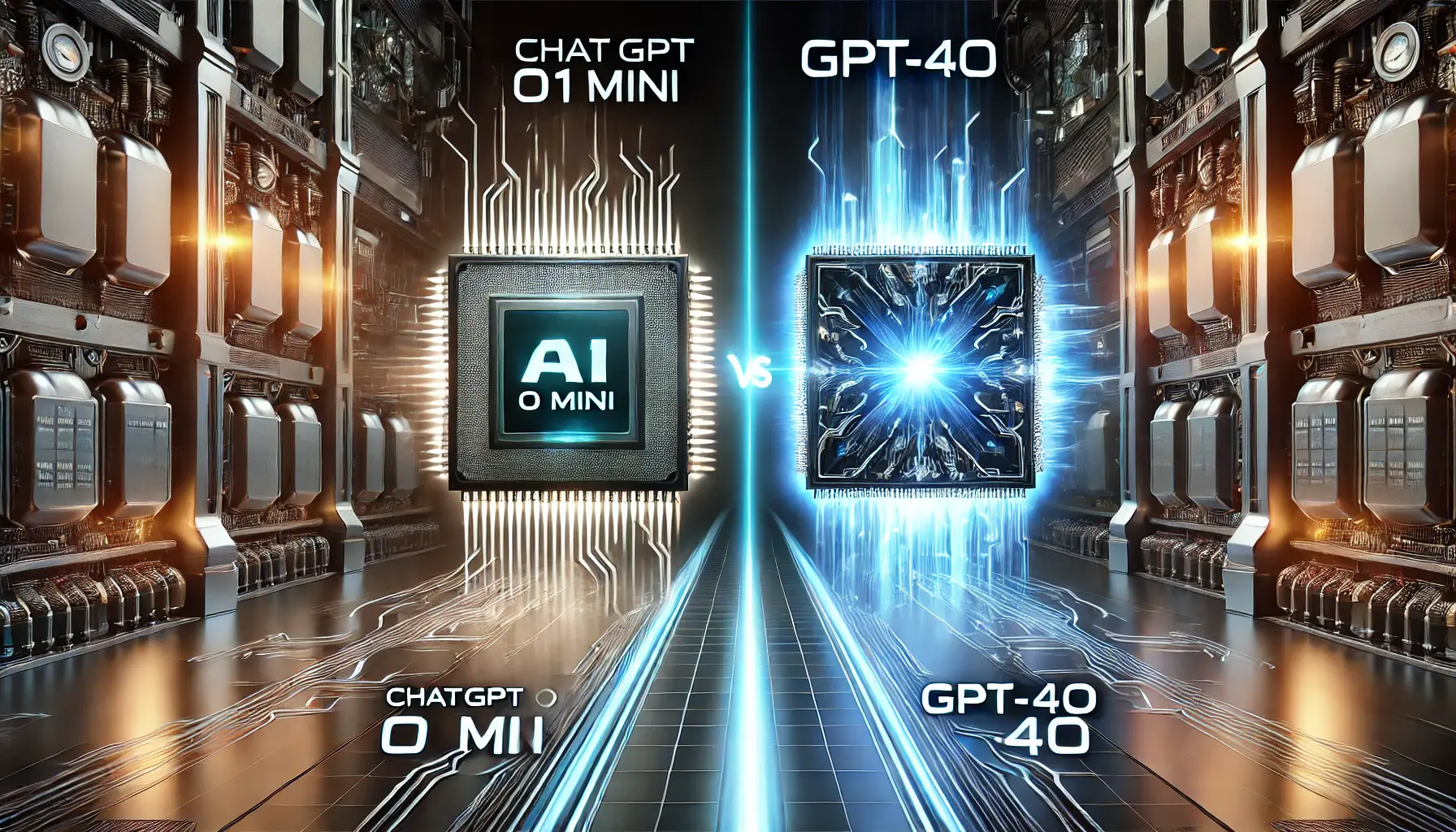 A high-tech comparison between ChatGPT o1 Mini and GPT-4o with holographic performance metrics for speed and accuracy.