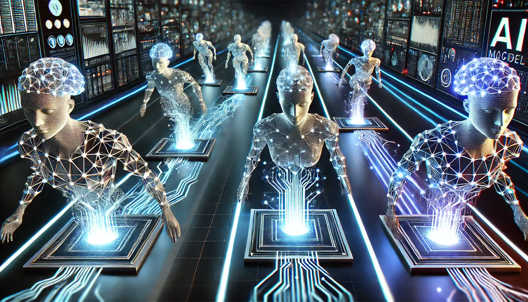 A high-tech futuristic scene showing multiple glowing AI models representing leading competitors in the AI industry.