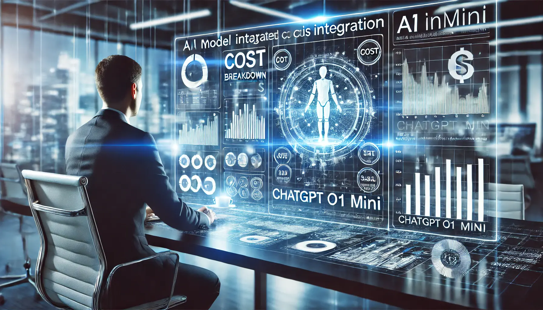 A professional business setting with a holographic financial dashboard displaying AI-related cost breakdowns and integration insights.