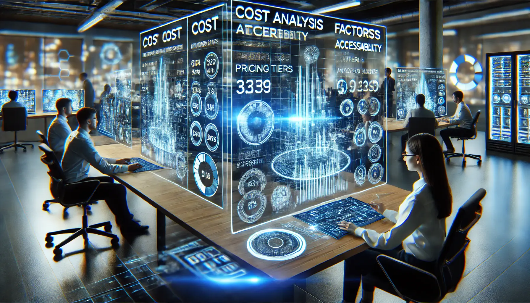 A modern tech office where professionals analyze cost and accessibility factors of AI systems using holographic data displays.