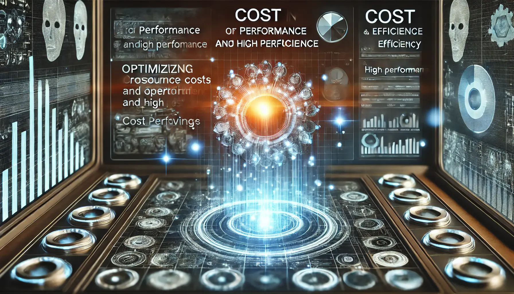 A high-tech AI system visualizing the balance between performance and cost, with digital interfaces showing resource usage and cost savings.