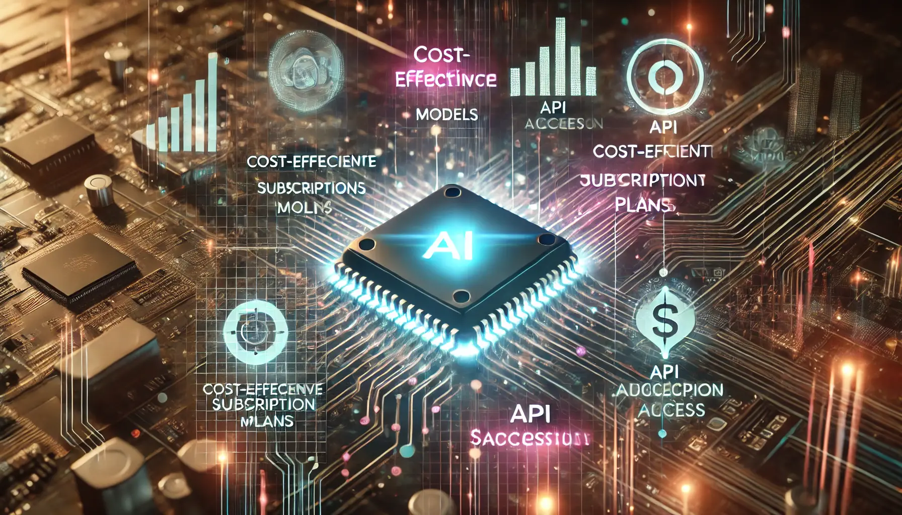 A digital scene showcasing the cost-effectiveness and accessibility of AI technology, featuring a glowing AI chip and holographic data visualizations of pricing models and subscription plans.