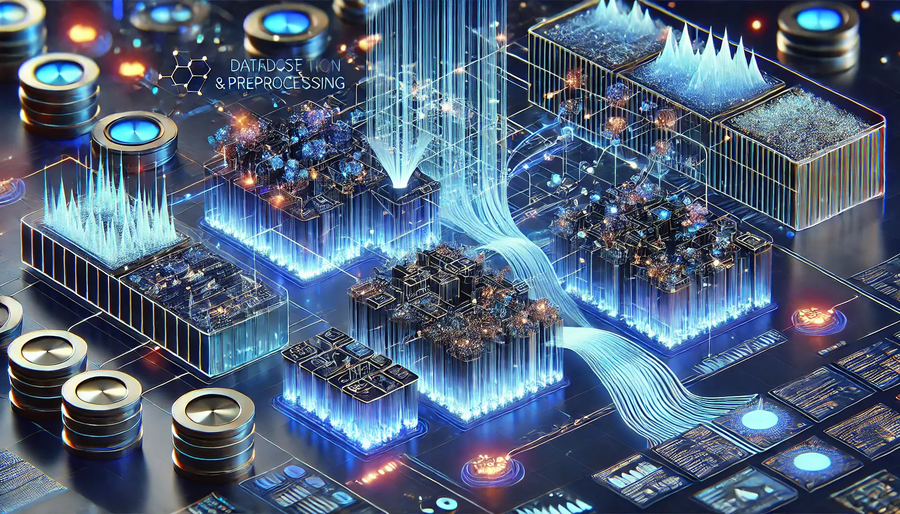 A futuristic visualization of dataset curation and preprocessing, showing data flowing through layers of filtering and organization before model input.