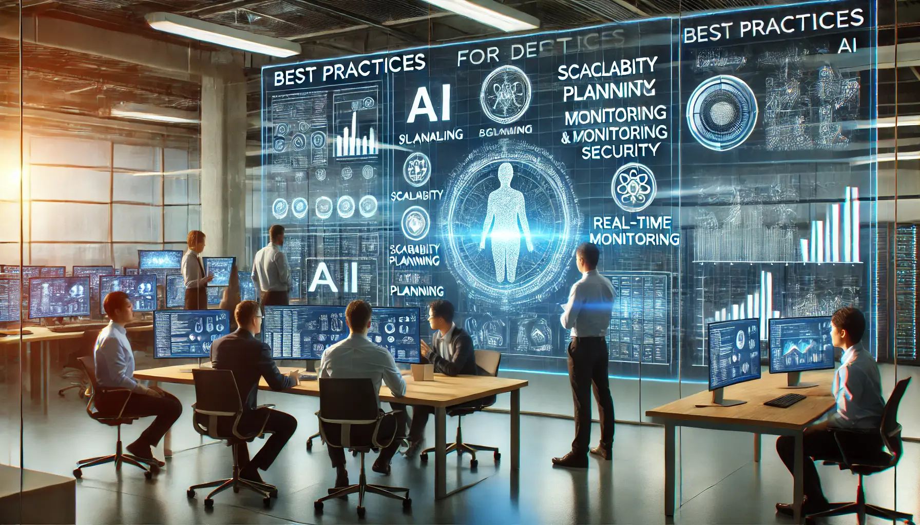 Engineers and IT specialists collaborating on AI deployment best practices with digital screens showing system performance and monitoring tools.