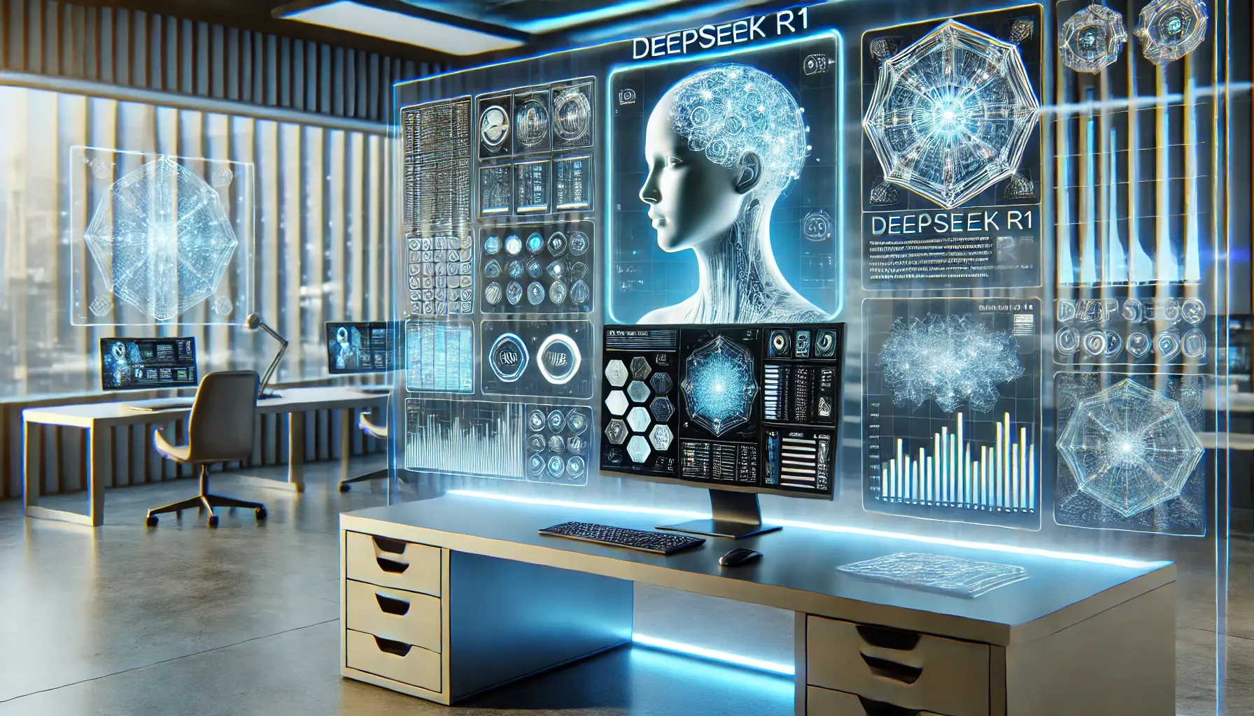 A futuristic AI development environment with a sleek workstation, holographic interfaces, and neural network visualizations showcasing DeepSeek R1.