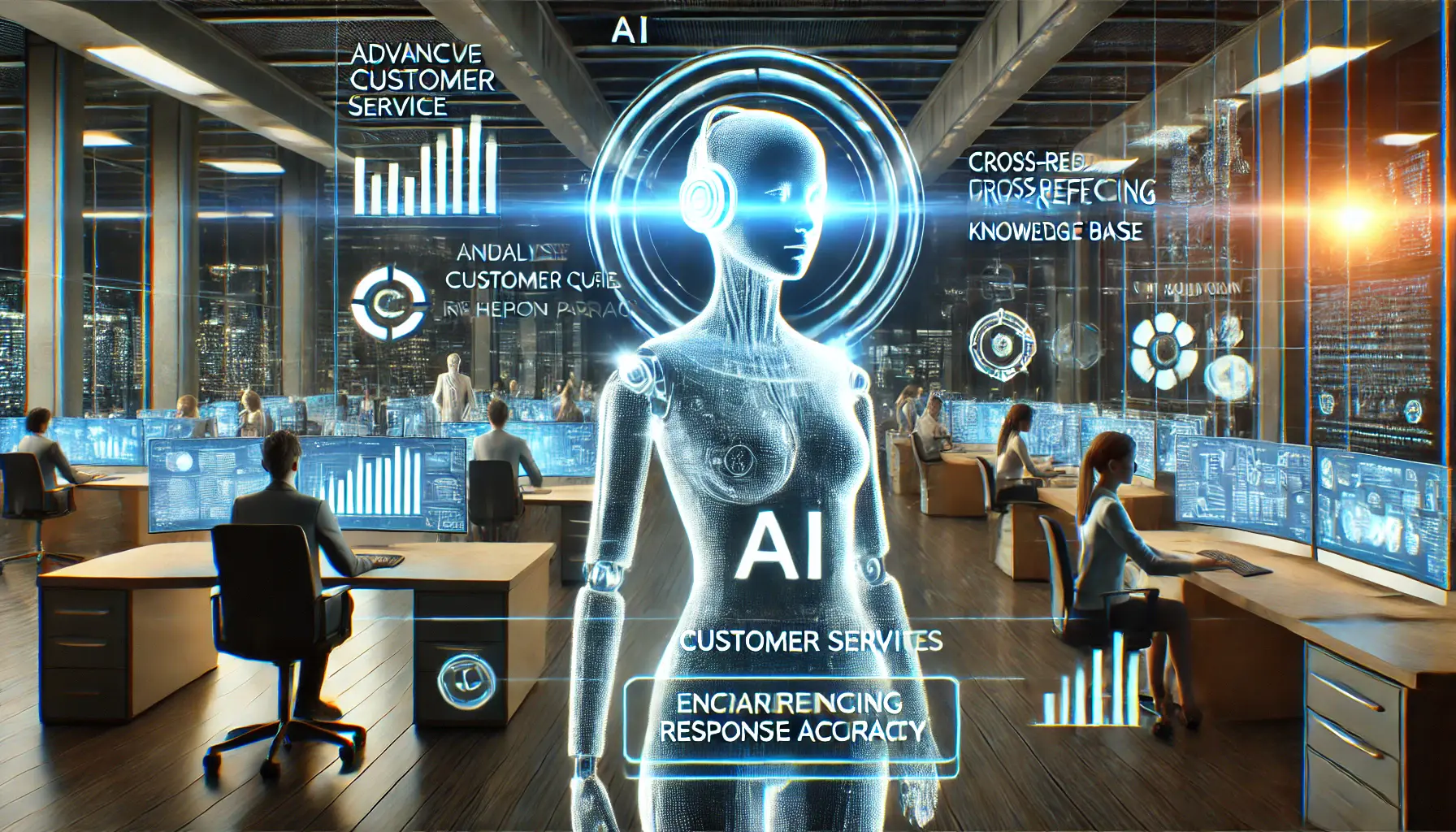 A futuristic AI assistant analyzing customer queries in real time, ensuring precise and accurate responses in a high-tech office environment.