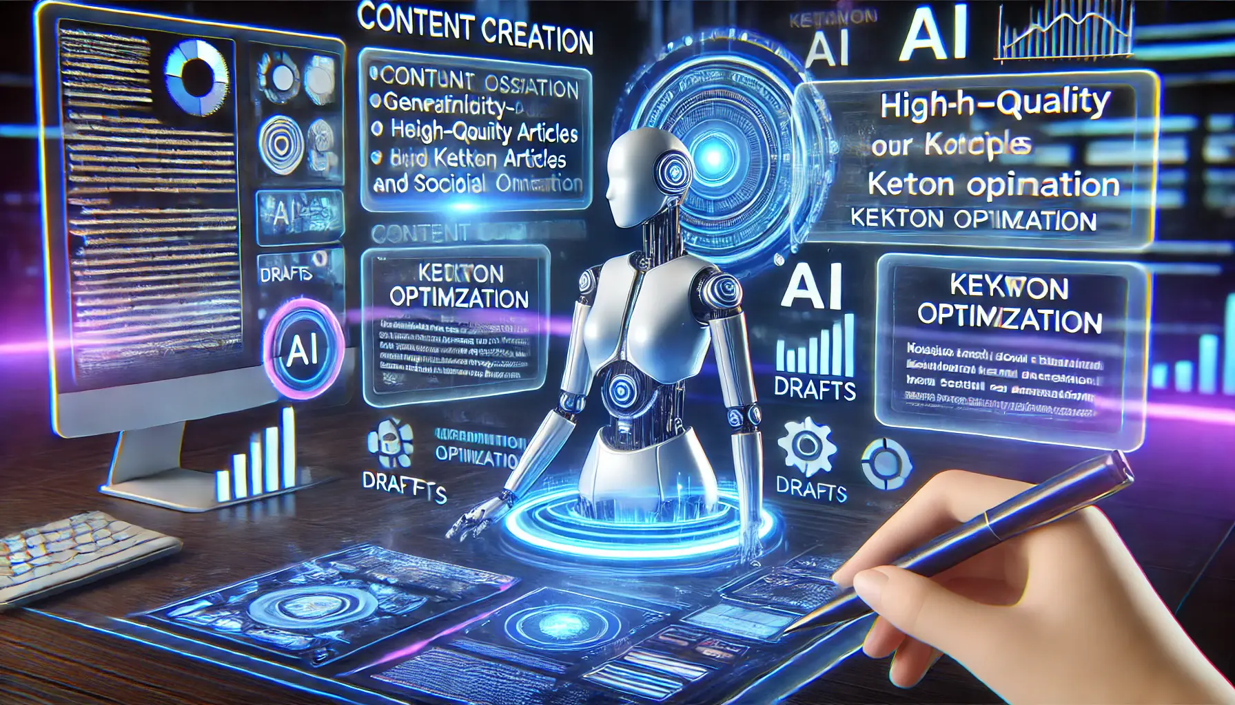 A digital assistant helping with content creation and optimization through holographic interfaces displaying drafts, keyword suggestions, and performance metrics.