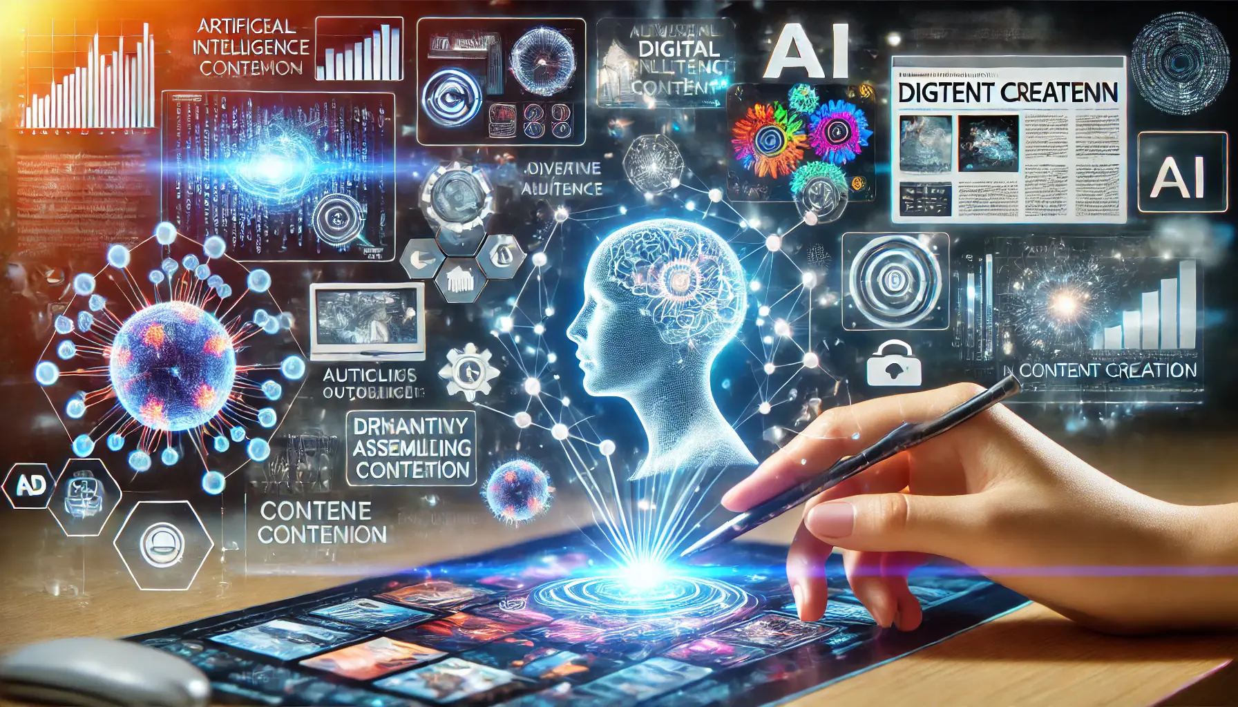 A futuristic AI system generating diverse digital content, including articles, images, and videos, with a glowing neural network interacting with a holographic interface in an advanced digital workspace.