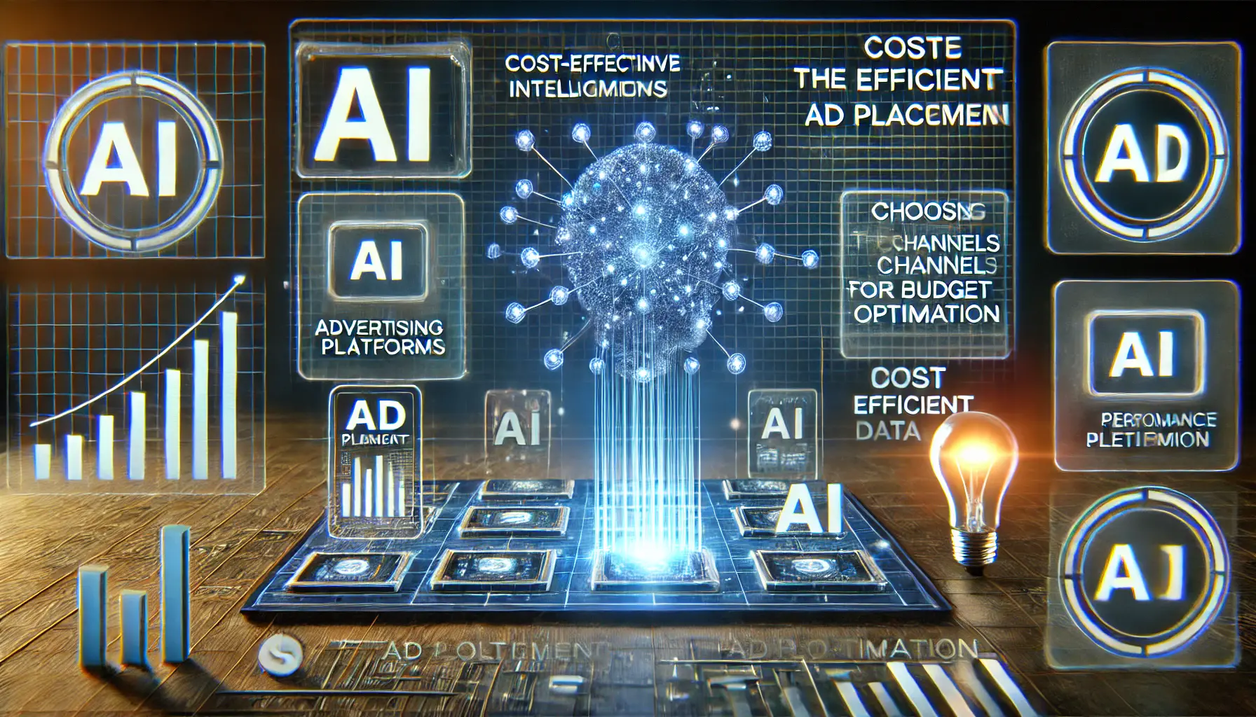 A futuristic AI system analyzing multiple advertising platforms and recommending the most efficient channels for ad placements, with glowing neural networks processing performance data and recommending budget allocation.