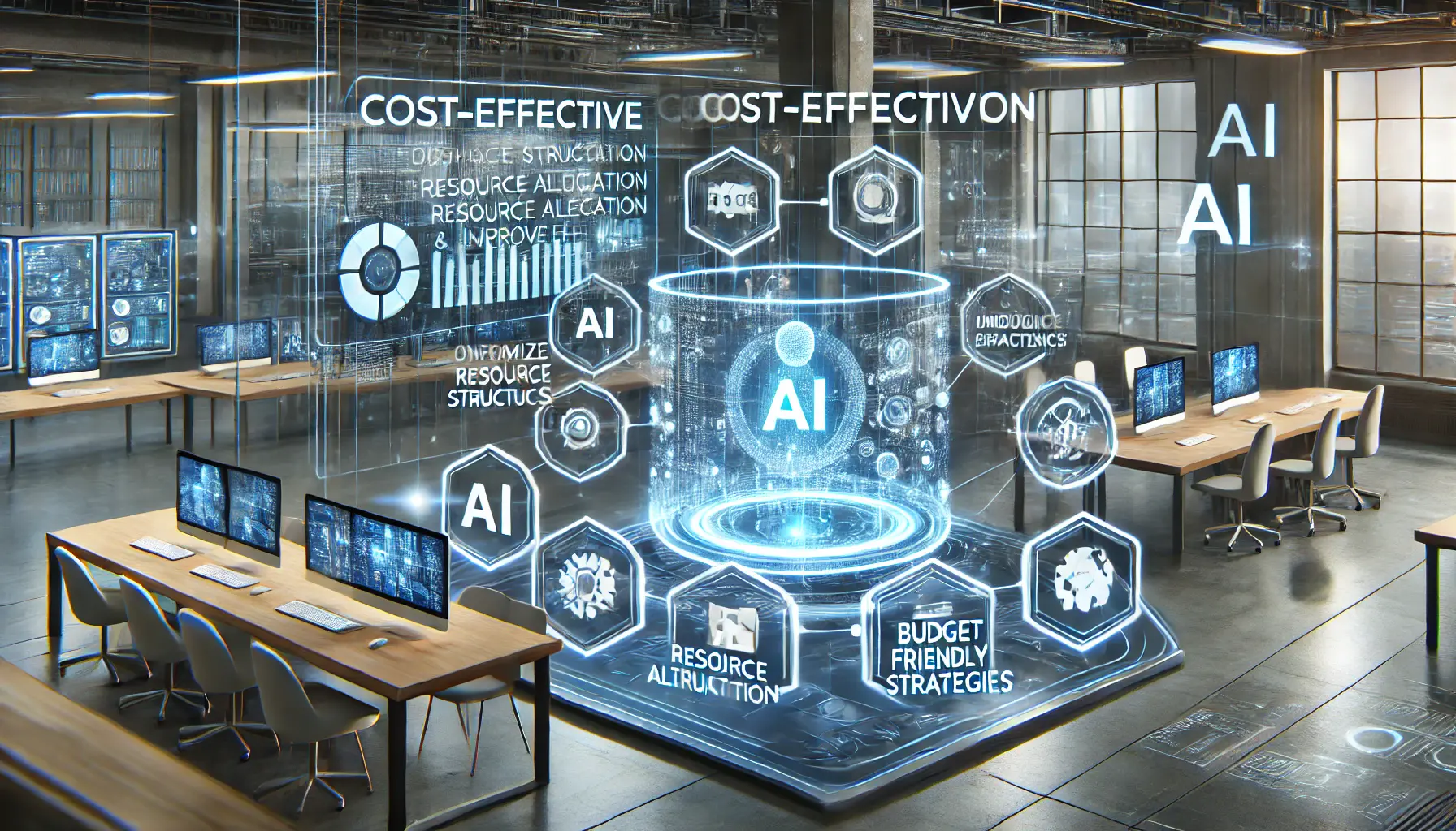 A futuristic workspace with holographic screens displaying AI-driven tools for optimizing resource allocation and reducing costs.