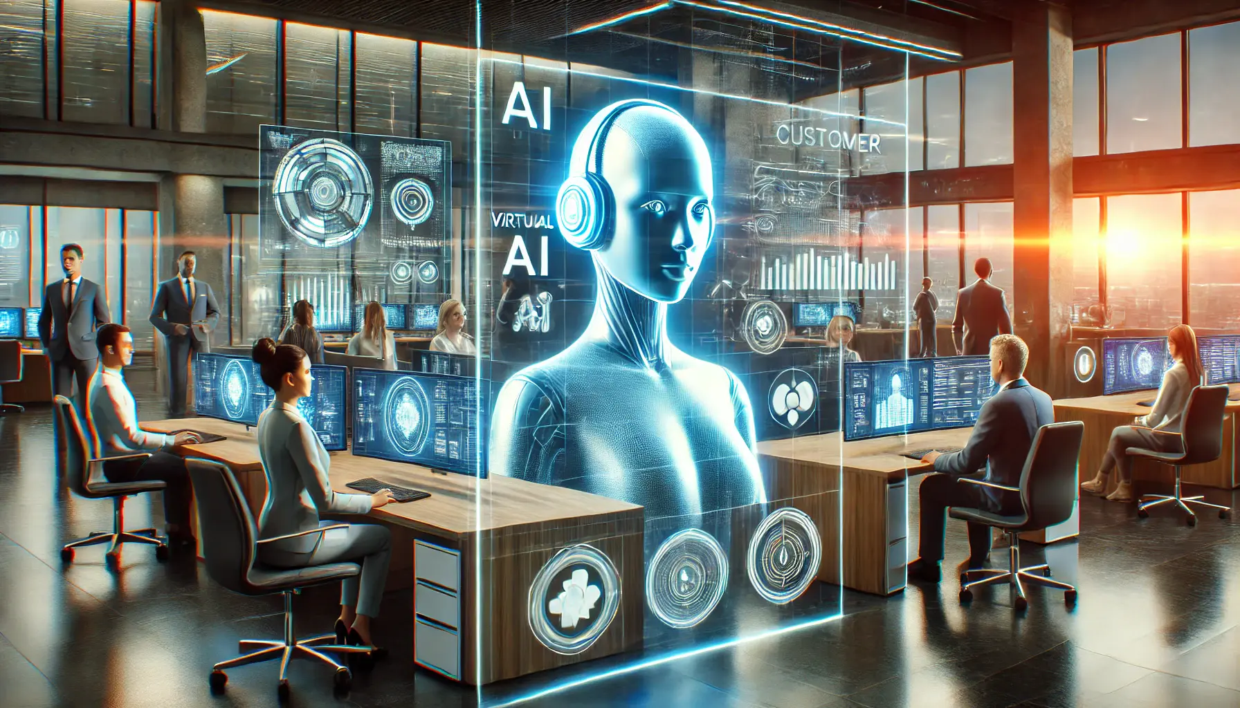 A futuristic AI assistant interacting with customers in a modern high-tech office using holographic displays.