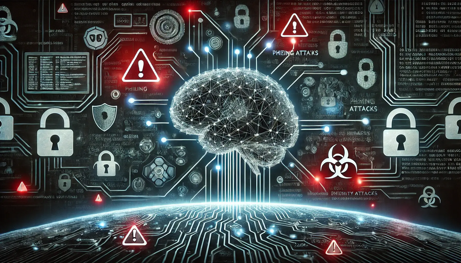 A digital concept depicting an AI brain manipulating malicious data streams, generating phishing attacks, and malware, with red warning alerts symbolizing security breaches.