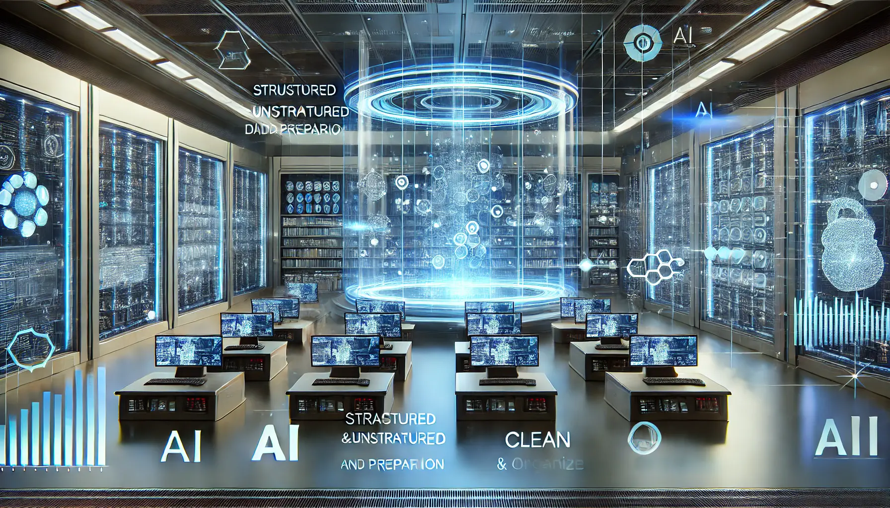 A futuristic AI-powered control room with holographic displays showcasing structured and unstructured data being collected, processed, and organized in real-time.