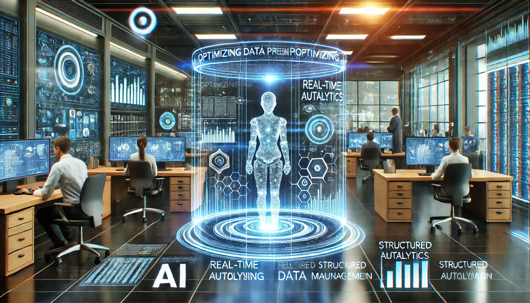 A futuristic AI-powered workspace with holographic screens displaying AI-driven data workflows, real-time analytics, and structured data management.