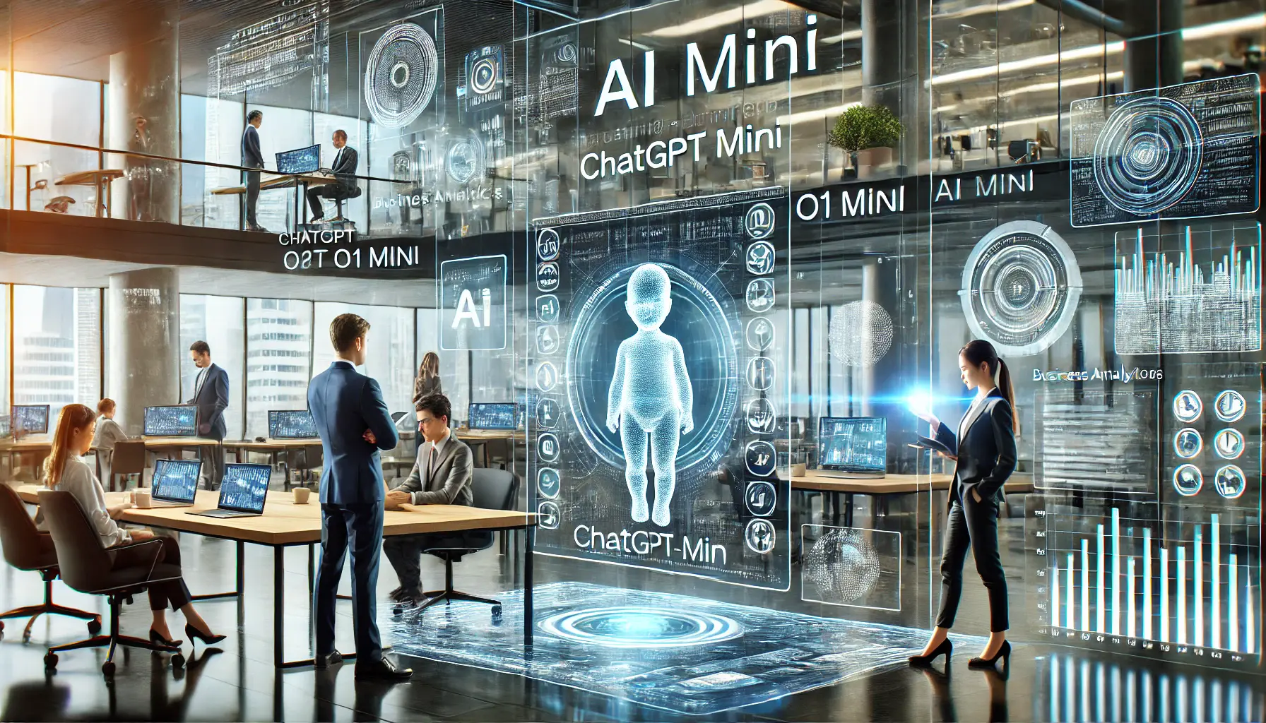 A futuristic business environment with professionals collaborating with AI tools, using holographic displays showing predictive analytics and growth strategies.