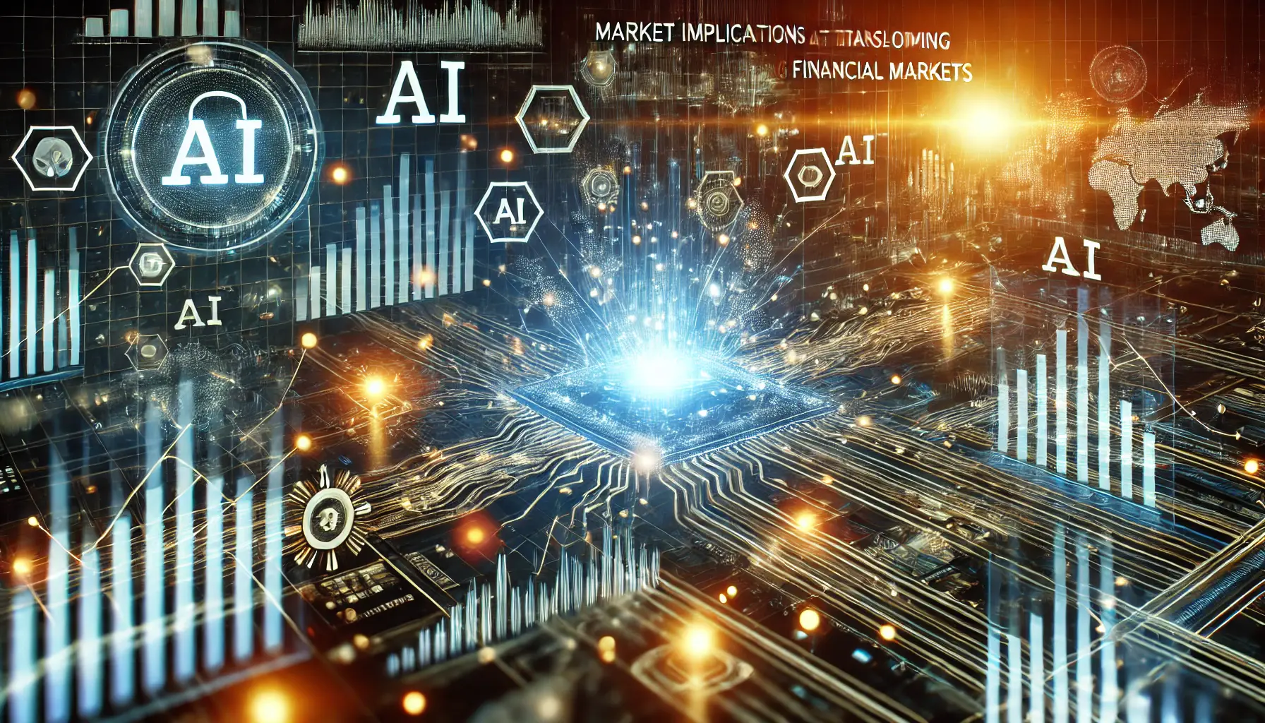 A digital stock market environment with fluctuating data points and graphs, representing the economic impact of AI advancements on industries.