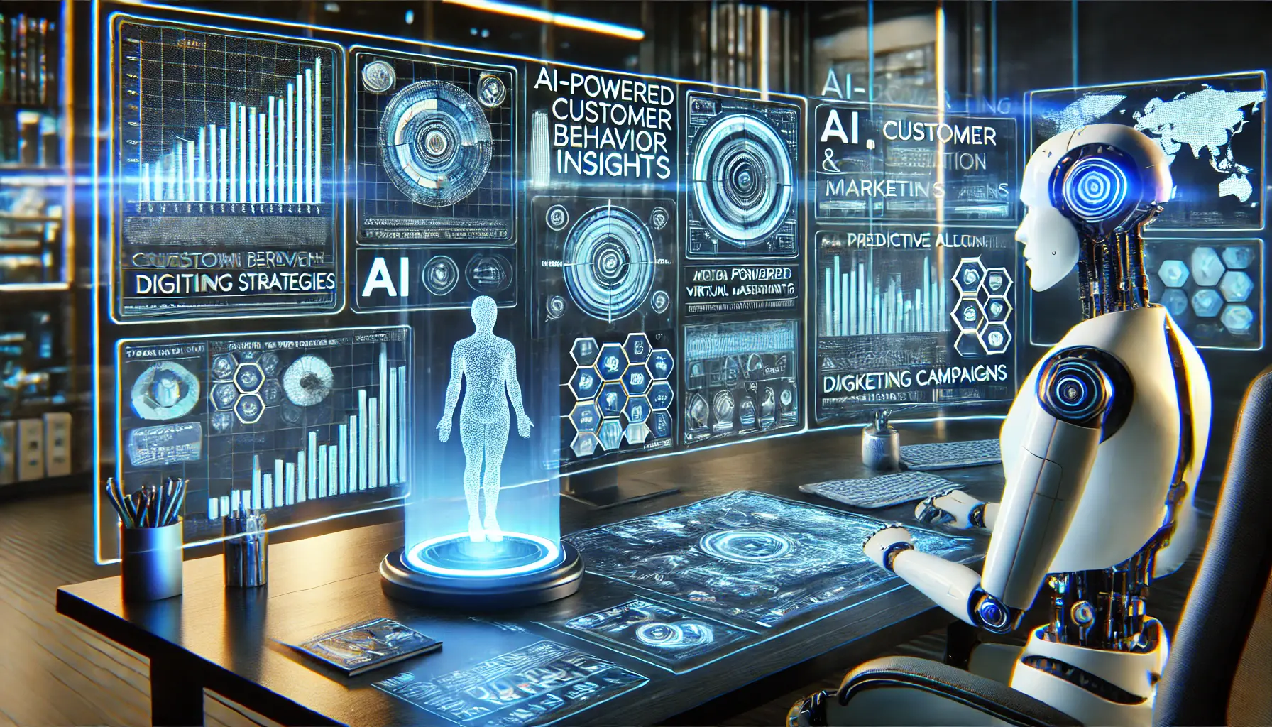 A futuristic marketing workspace with holographic dashboards displaying data analytics, customer insights, and automated campaigns.