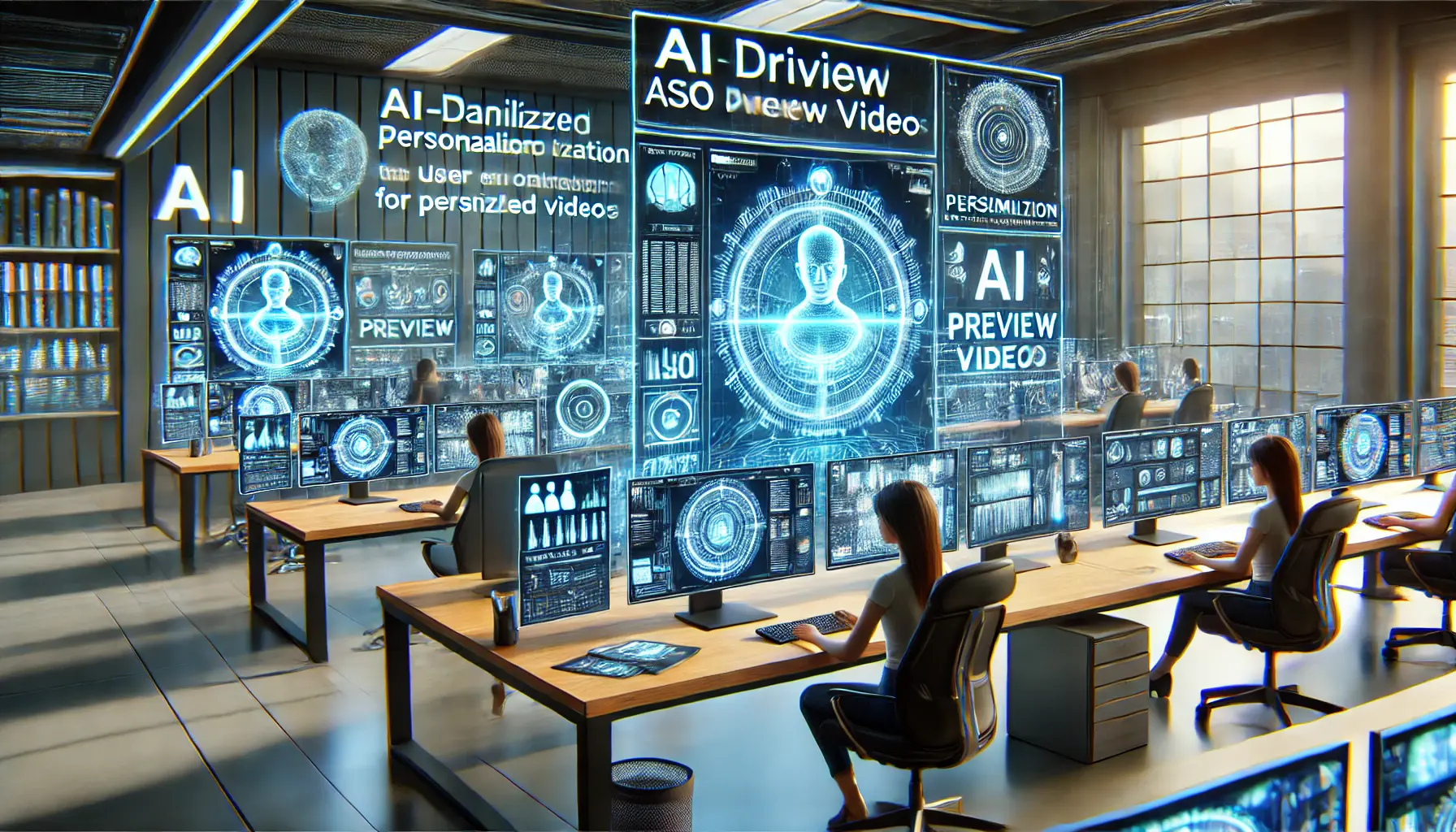 A futuristic digital workspace where AI is personalizing and optimizing ASO preview video content based on user data.