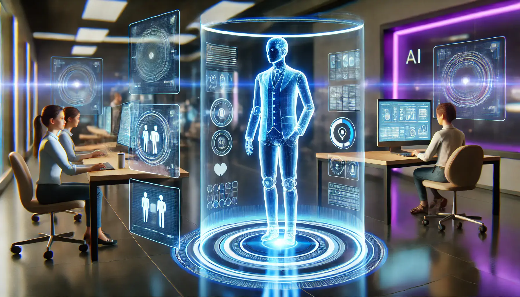 A digital assistant analyzing customer data and providing a personalized interaction through a holographic interface.