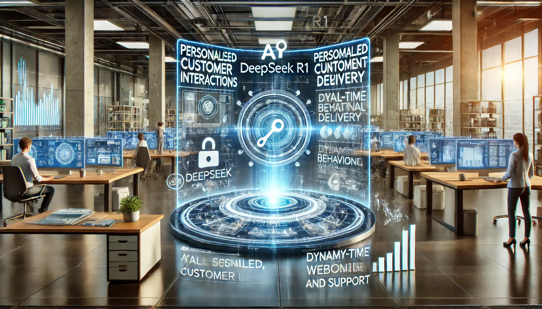 A futuristic AI-driven customer engagement hub with holographic screens displaying personalized interactions and dynamic content delivery.